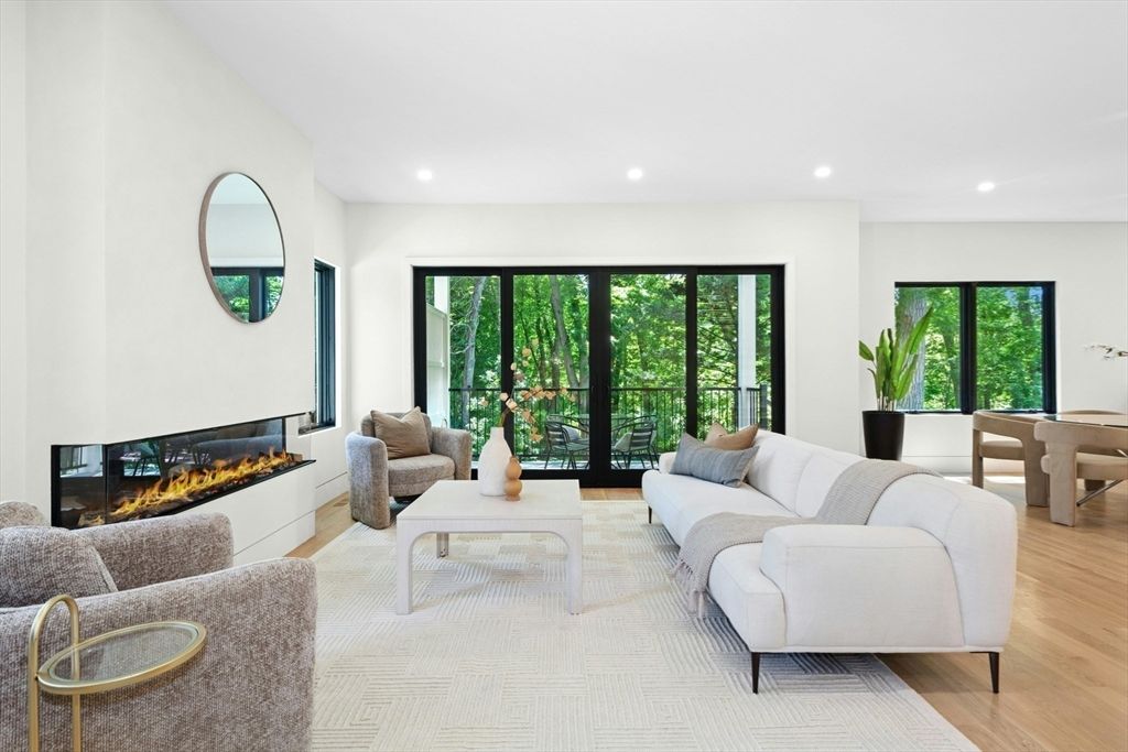 Dining room, Fireplace, Interior, Living room, Recessed Lighting, Wood Texture Flooring