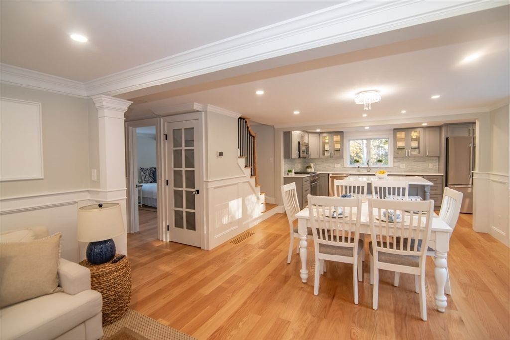 Dining room, Interior, Kitchen, Recessed Lighting, Stainless Steel Appliances, Wood Texture Flooring