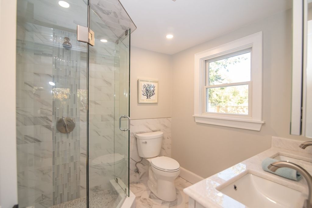 Bathroom, Glass Shower, Interior, Marble, Marble Walls, Recessed Lighting