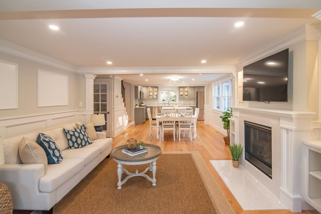 Dining room, Fireplace, Interior, Kitchen, Living room, Recessed Lighting, Wood Texture Flooring