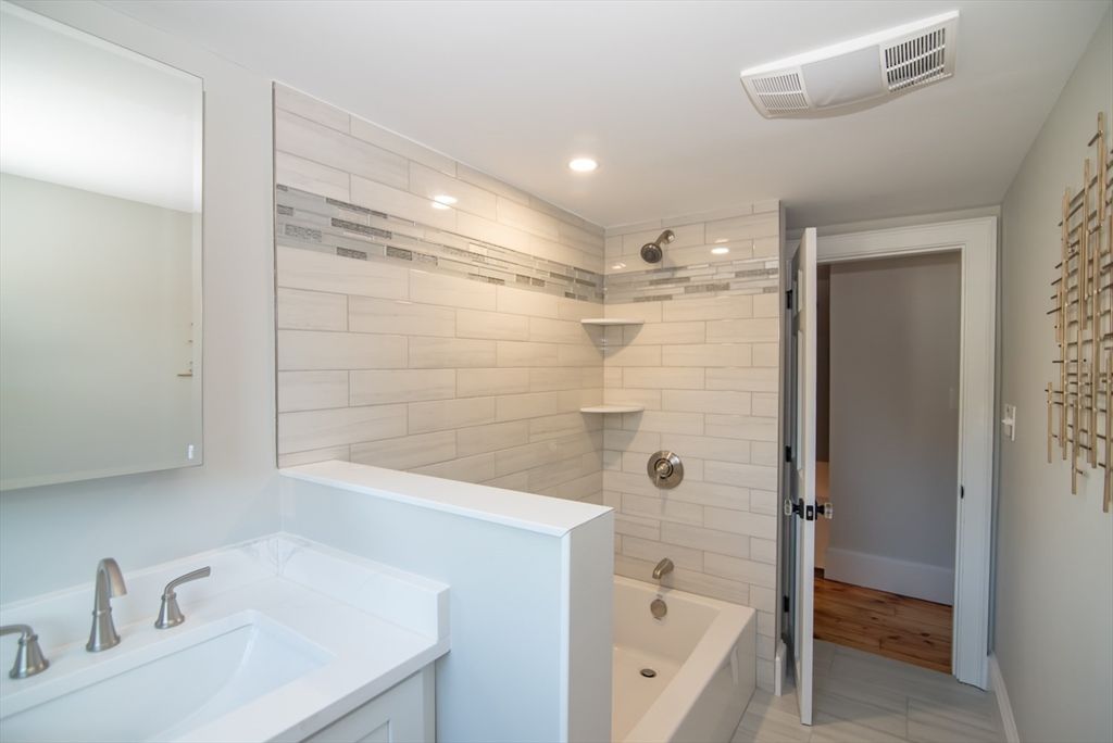 Bathroom, Dual Sink Vanities, Glass Shower, Interior, Recessed Lighting, Wood Texture Flooring