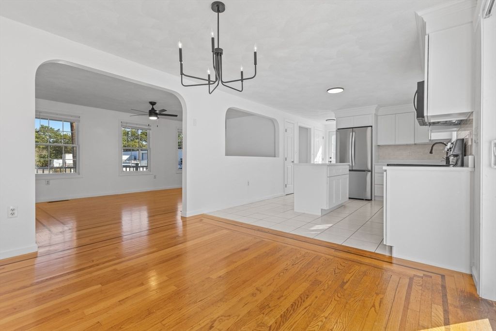 Chandelier, Empty room, Interior, Kitchen, Recessed Lighting, Wood Texture Flooring