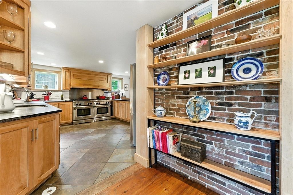 Interior, Kitchen, Recessed Lighting, Stainless Steel Appliances, Stone Walls, Wood Texture Flooring
