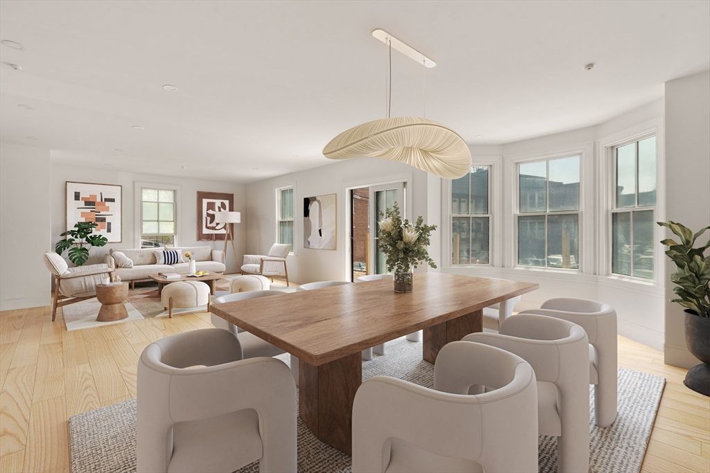 Dining room, Interior, Living room, Pendant Lights, Recessed Lighting, Wood Texture Flooring