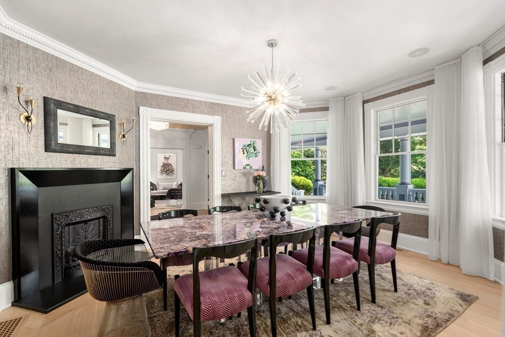 Dining room, Fireplace, Interior, Pendant Lights, Wood Texture Flooring