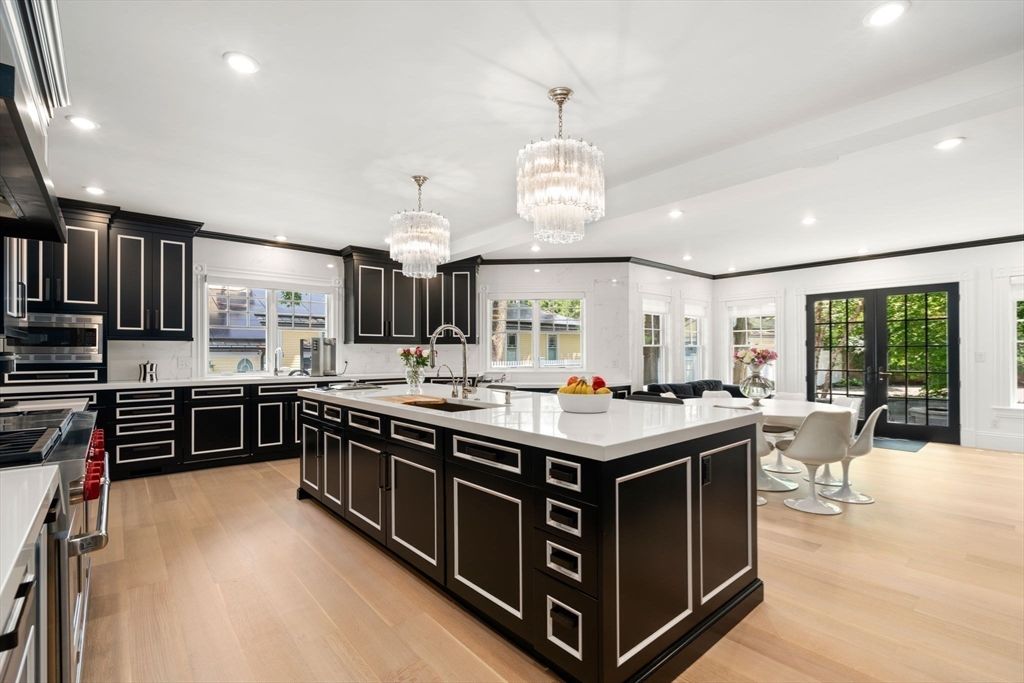 Chandelier, Dining room, Interior, Kitchen, Recessed Lighting, Stainless Steel Appliances, Wood Texture Flooring