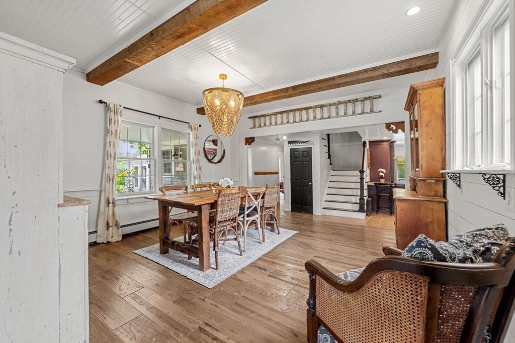 Chandelier, Dining room, Interior, Recessed Lighting, Wooden Beams, Wood Texture Flooring