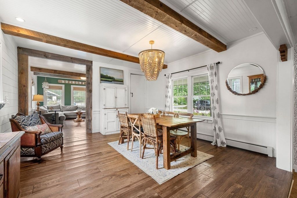 Chandelier, Dining room, Interior, Living room, Recessed Lighting, Wooden Beams, Wood Texture Flooring