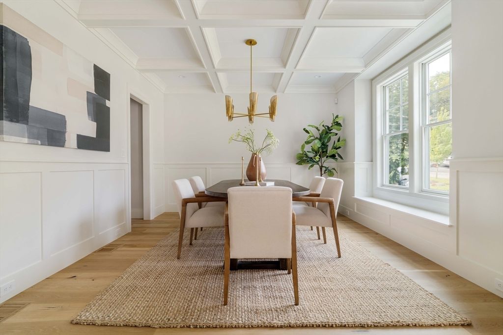 Dining room, Interior, Pendant Lights, Wood Texture Flooring