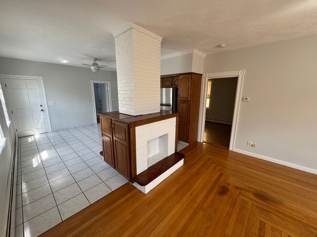 Empty room, Fireplace, Interior, Kitchen, Wood Texture Flooring