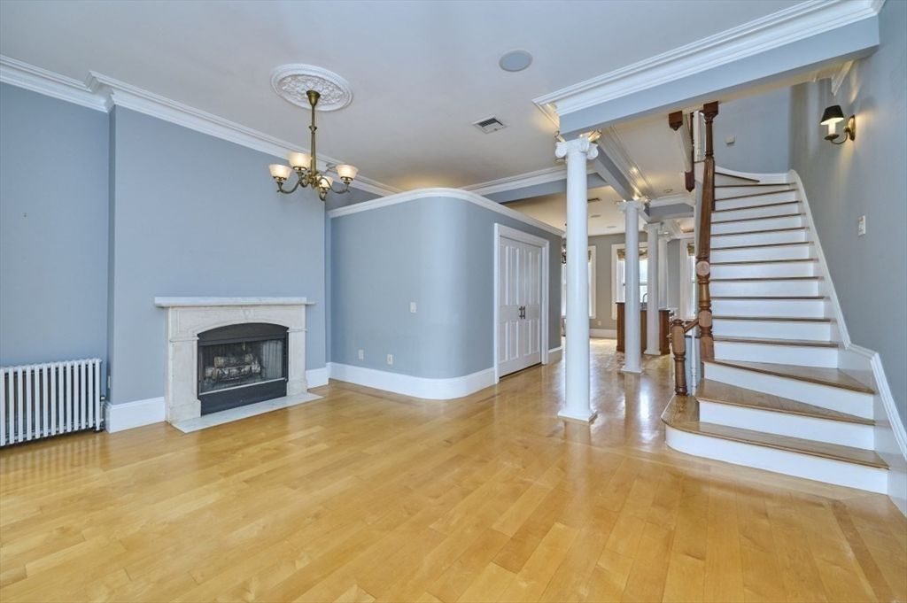 Chandelier, Empty room, Fireplace, Interior, Wood Texture Flooring