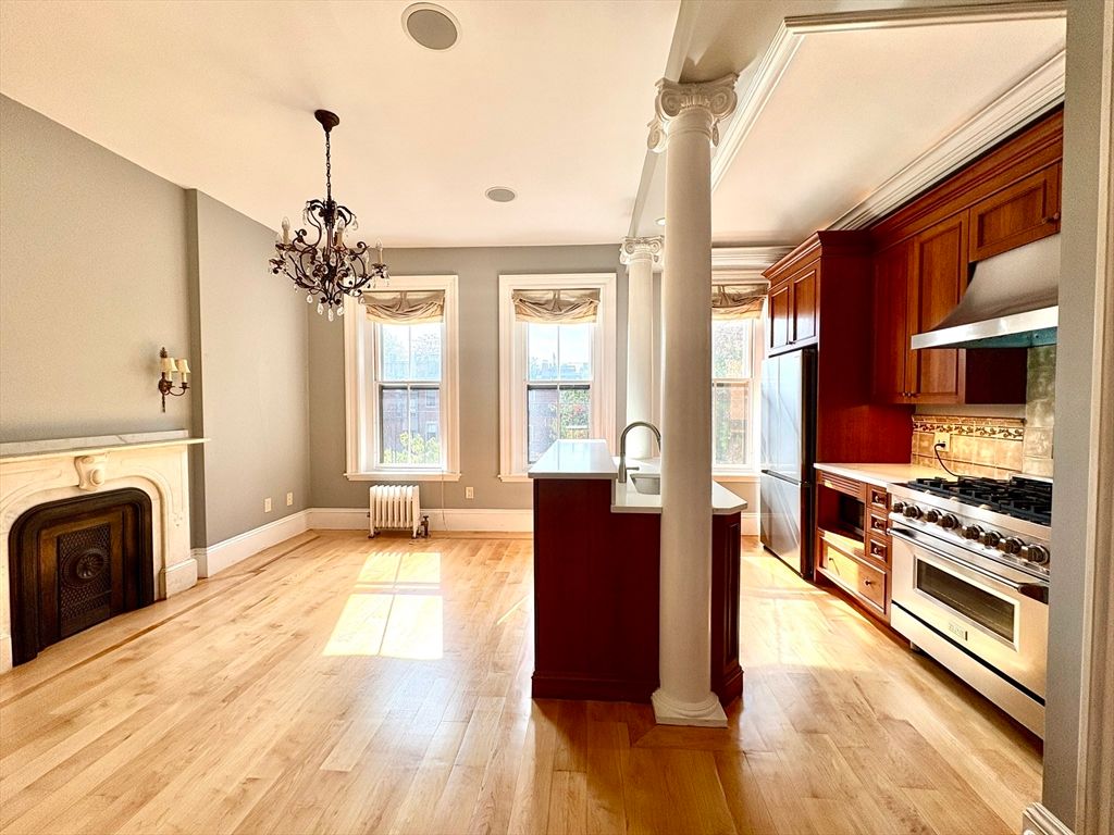 Chandelier, Fireplace, Interior, Kitchen, Wood Texture Flooring