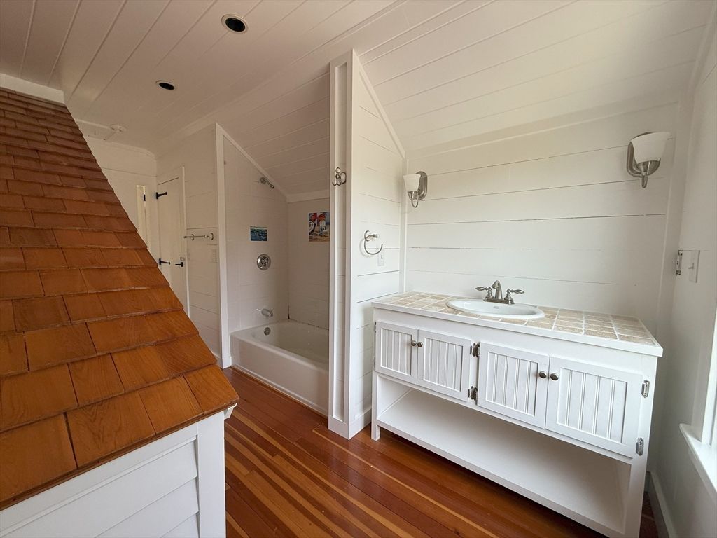 Bathroom, Interior, Tile Countertops, Wood Texture Flooring