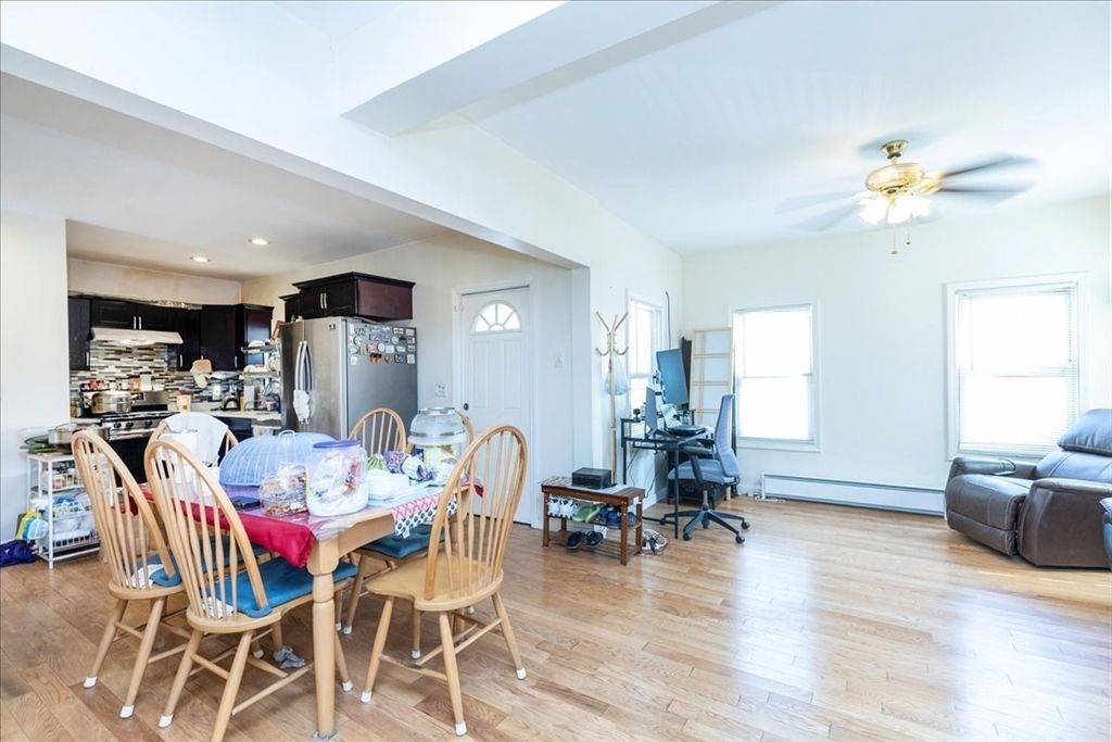 Dining room, Interior, Kitchen, Recessed Lighting, Stainless Steel Appliances, Wood Texture Flooring