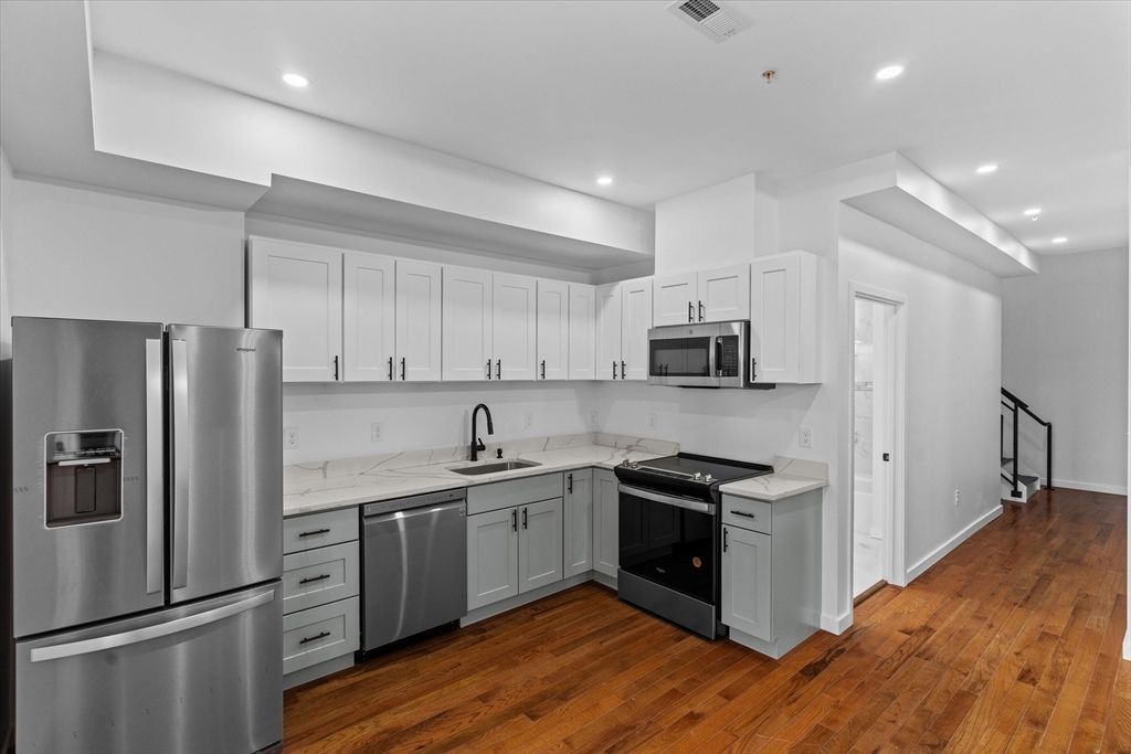 Interior, Kitchen, Recessed Lighting, Stainless Steel Appliances, Wood Texture Flooring