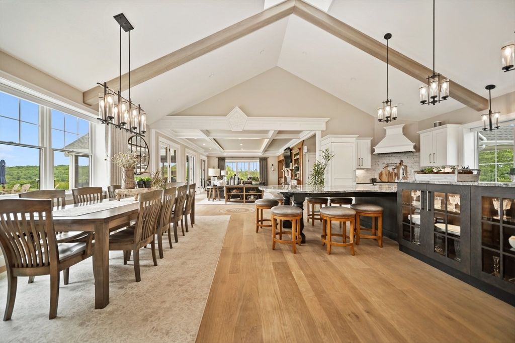 Chandelier, Dining room, Interior, Pendant Lights, Recessed Lighting, Wood Texture Flooring