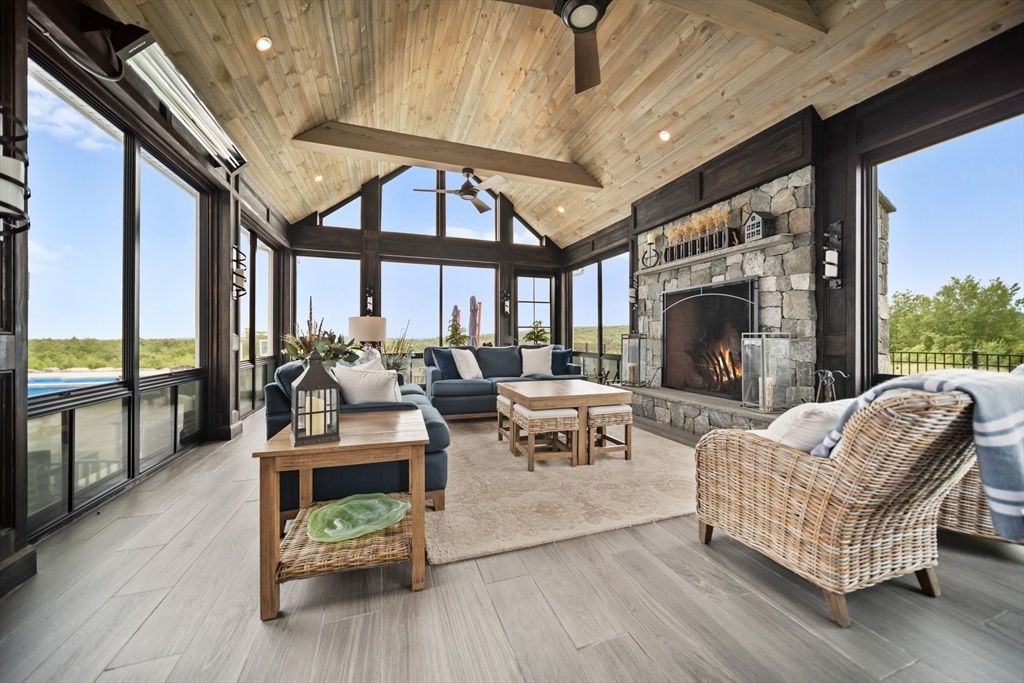 Fireplace, Interior, Living room, Recessed Lighting, Stone Walls, Wooden Beams, Wooden Ceilings, Wood Texture Flooring