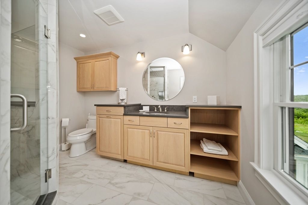 Bathroom, Dual Sink Vanities, Glass Shower, Interior, Marble, Recessed Lighting