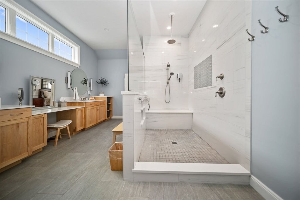 Bathroom, Glass Shower, Interior, Marble Walls, Recessed Lighting