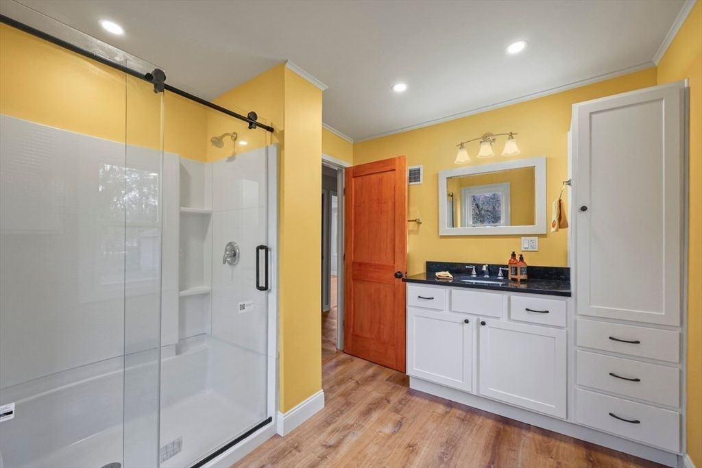 Bathroom, Glass Shower, Interior, Recessed Lighting, Wood Texture Flooring