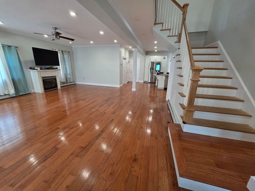 Empty room, Fireplace, Interior, Recessed Lighting, Wood Texture Flooring