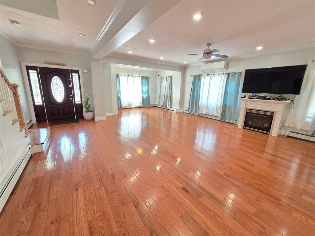 Empty room, Fireplace, Interior, Recessed Lighting, Wood Texture Flooring