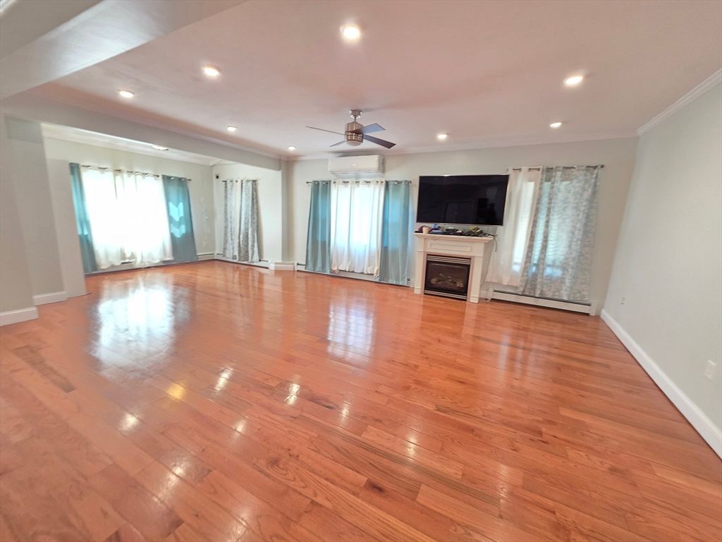 Empty room, Fireplace, Interior, Recessed Lighting, Wood Texture Flooring