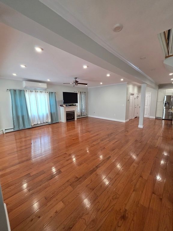 Empty room, Fireplace, Interior, Recessed Lighting, Wood Texture Flooring