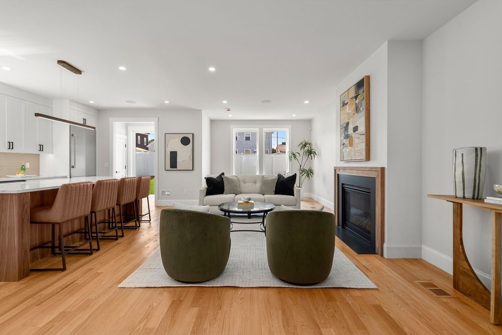 Fireplace, Interior, Kitchen, Living room, Pendant Lights, Recessed Lighting, Wood Texture Flooring