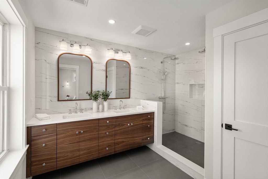 Bathroom, Dual Sink Vanities, Interior, Marble Walls, Recessed Lighting