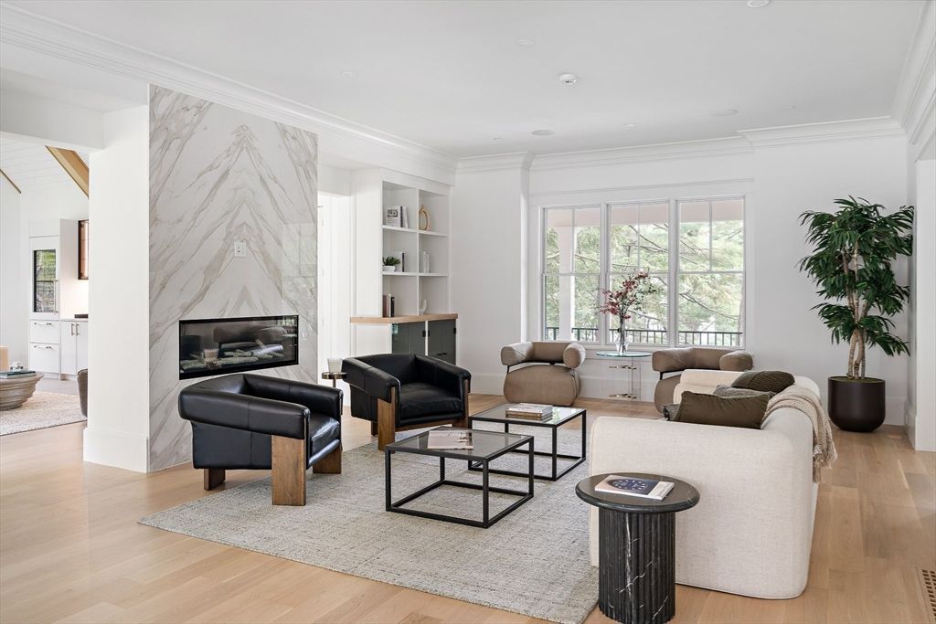 Fireplace, Interior, Living room, Marble Walls, Recessed Lighting, Wood Texture Flooring