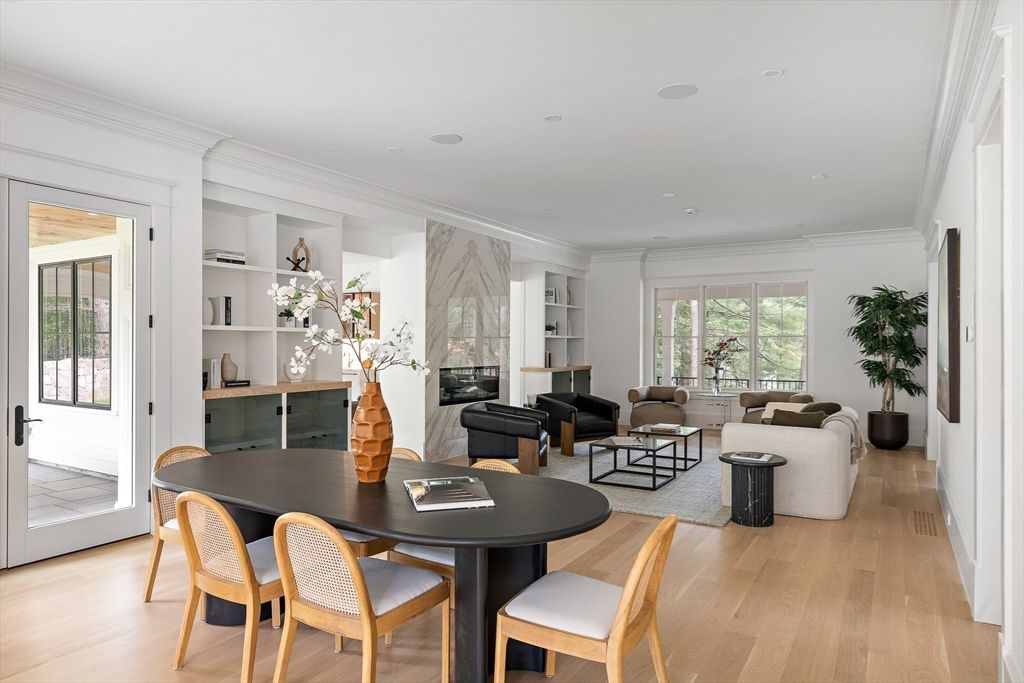 Fireplace, Interior, Living room, Marble Walls, Recessed Lighting, Wood Texture Flooring