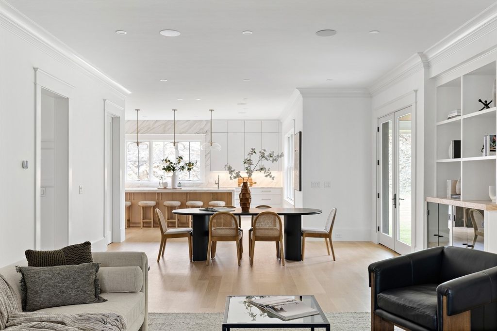 Interior, Kitchen, Marble Walls, Pendant Lights, Recessed Lighting, Stainless Steel Appliances, Wood Texture Flooring