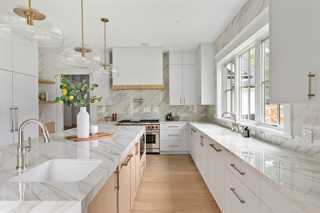 Interior, Kitchen, Marble Walls, Pendant Lights, Recessed Lighting, Wood Texture Flooring