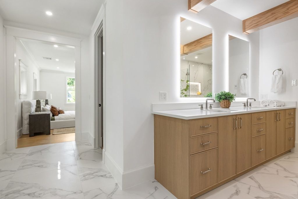 Bathroom, Dual Sink Vanities, Free Standing Baths, Glass Shower, Interior, Marble, Marble Walls, Recessed Lighting