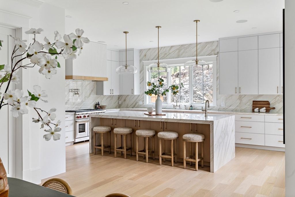 Interior, Kitchen, Marble Walls, Pendant Lights, Stainless Steel Appliances, Wood Texture Flooring