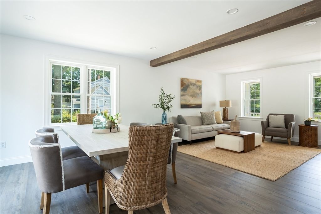 Dining room, Interior, Living room, Recessed Lighting, Wooden Beams, Wood Texture Flooring