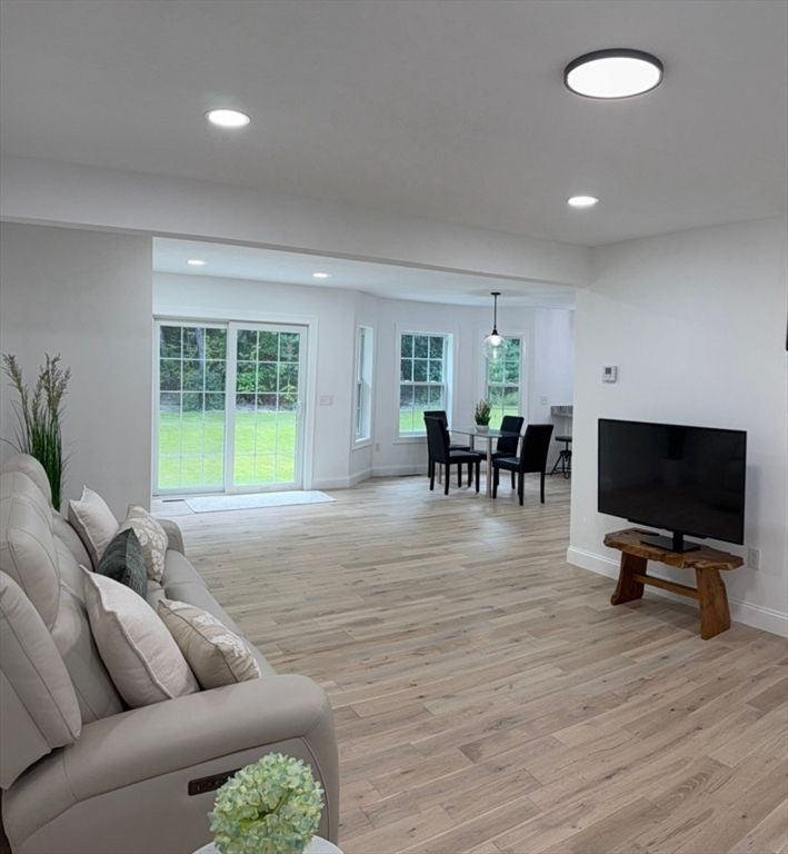 Dining room, Interior, Living room, Pendant Lights, Recessed Lighting, Wood Texture Flooring