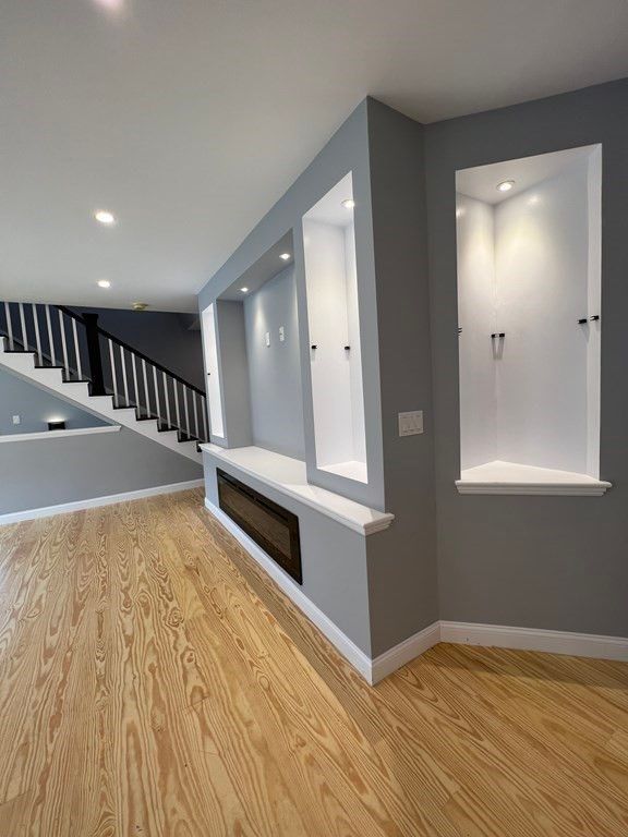 Fireplace, Interior, Recessed Lighting, Wood Texture Flooring