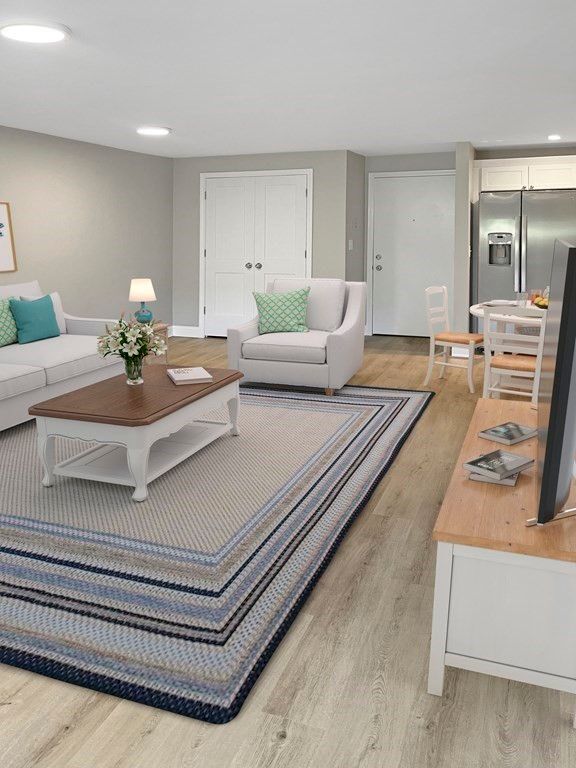 Dining room, Interior, Living room, Recessed Lighting, Stainless Steel Appliances, Wood Texture Flooring