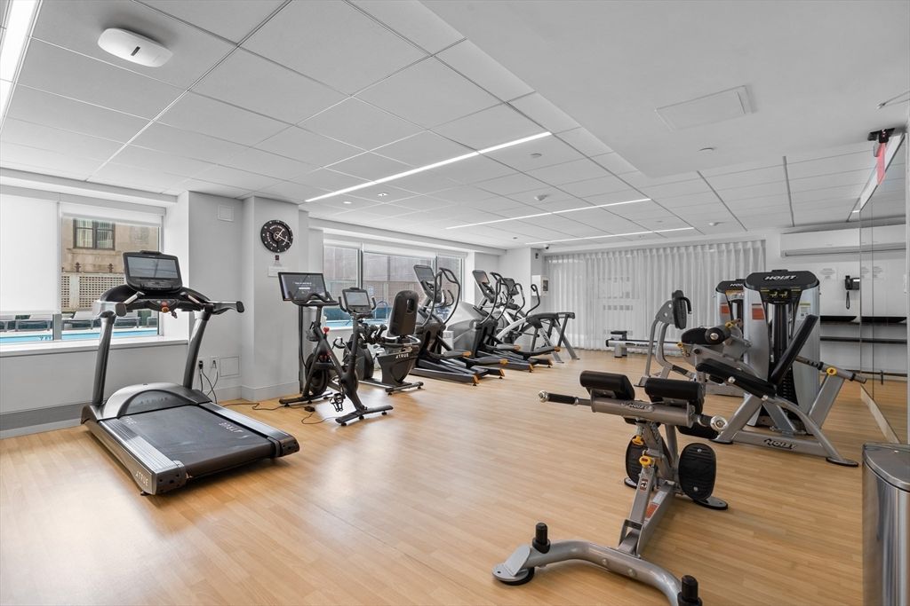 Fitness Equipment, Gym, Interior, Recessed Lighting, Wood Texture Flooring