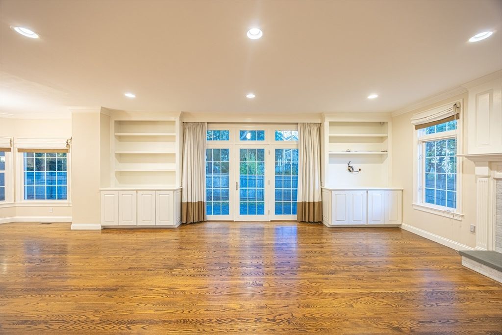 Empty room, Fireplace, Interior, Recessed Lighting, Wood Texture Flooring