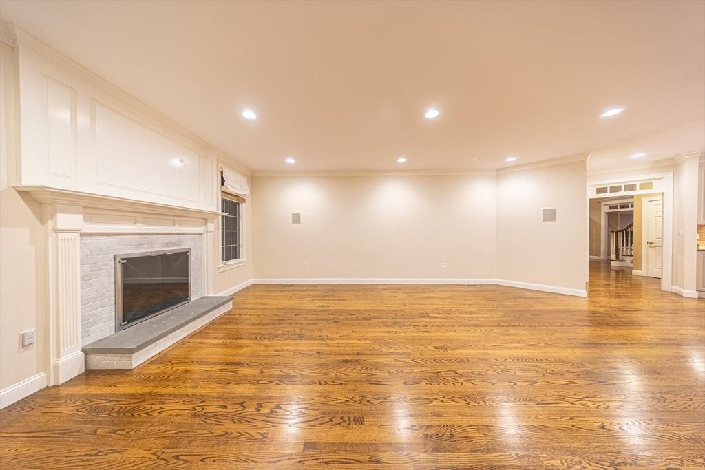 Empty room, Fireplace, Interior, Recessed Lighting, Wood Texture Flooring