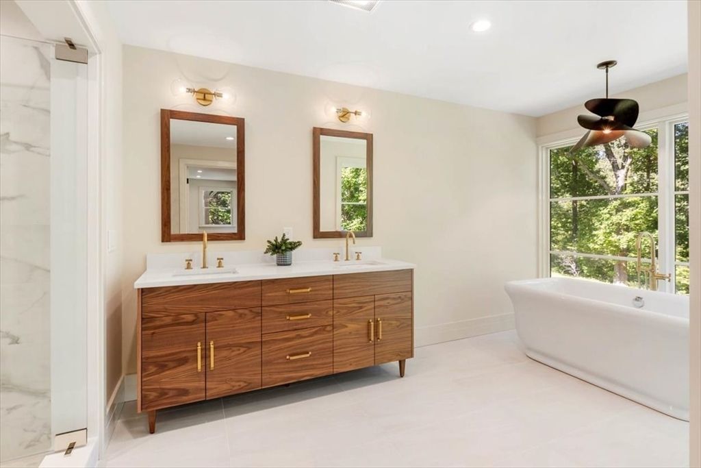 Bathroom, Dual Sink Vanities, Free Standing Baths, Interior, Marble Walls, Recessed Lighting