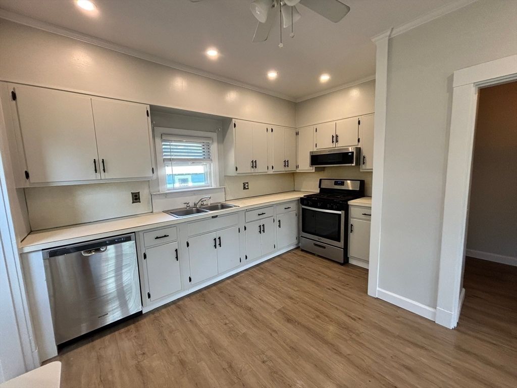 Interior, Kitchen, Recessed Lighting, Stainless Steel Appliances, Wood Texture Flooring