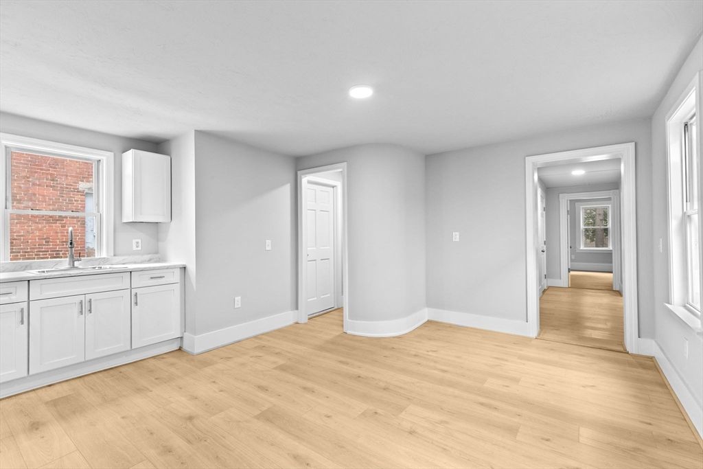 Empty room, Interior, Kitchen, Recessed Lighting, Wood Texture Flooring