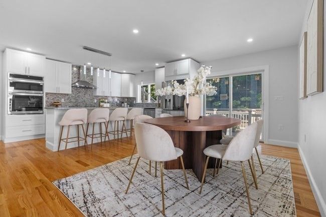 Dining room, Interior, Kitchen, Pendant Lights, Recessed Lighting, Stainless Steel Appliances, Wood Texture Flooring