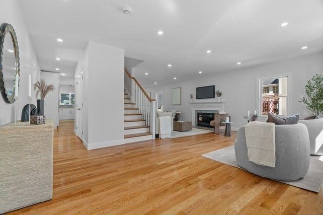 Fireplace, Interior, Living room, Recessed Lighting, Wood Texture Flooring