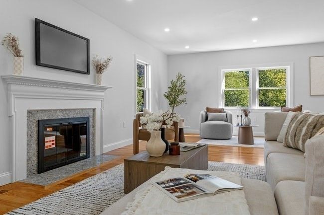 Fireplace, Interior, Living room, Recessed Lighting, Wood Texture Flooring