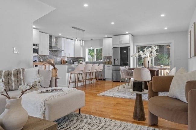 Dining room, Interior, Kitchen, Pendant Lights, Recessed Lighting, Stainless Steel Appliances, Wood Texture Flooring